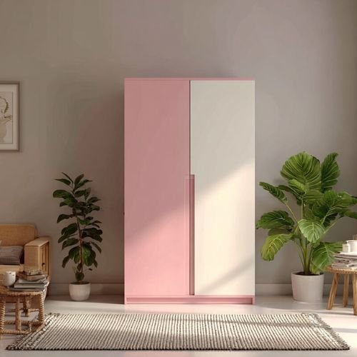 Modern Pink and Off-White 2-Door Swing Wardrobe Design in Suede Finish