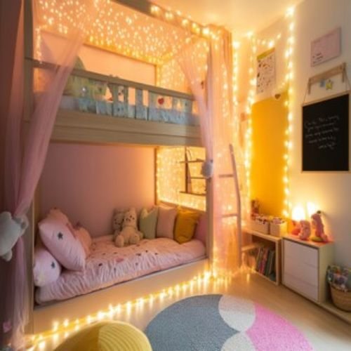 Art Deco Pink And White Kids Room Design For Girls With Cloud POP Ceiling