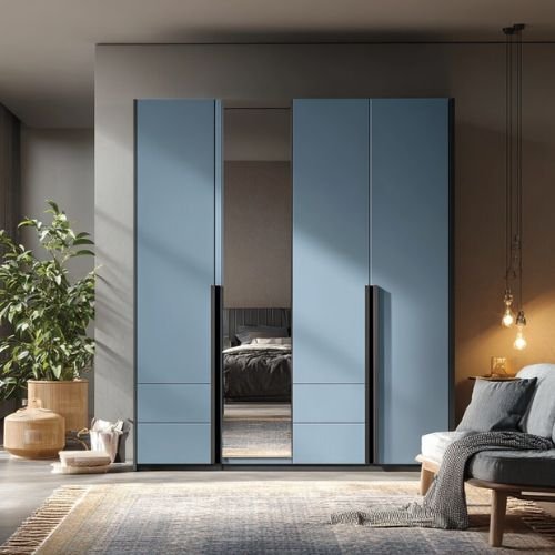 Modern 3 Door Blue Swing Wardrobe Design With Mirrored Panel And Black Pulls