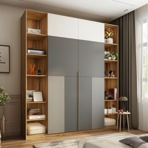 Off White Modern 4 Door Swing Wardrobe Design With Overhead Cabinets