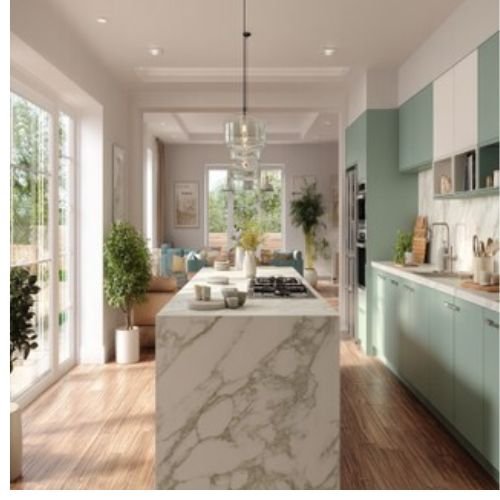 Contemporary Island Kitchen Design with Quartz Countertop, Open Shelves and Marble Backsplash