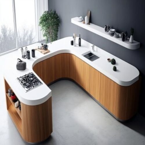 Modern U Shaped Kitchen Design In Matte Walnut Suede Finish With Quartz Countertops