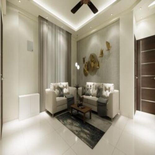 Contemporary Living Room Design with Grey Sofa and Orange Accent Chair