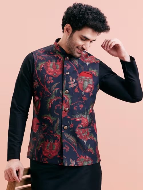 Cotton Blend Printed Nehru Jacket