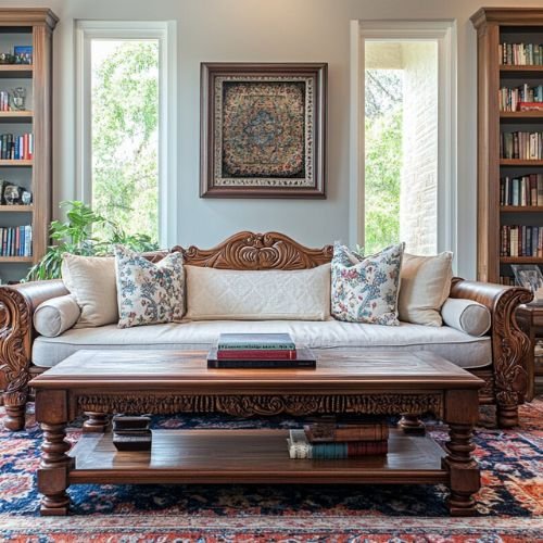 Transitional Living Room Design with Regal Wooden Sofa