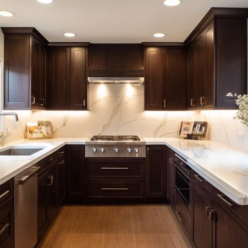 Modern U Shaped Kitchen Design In Matte Walnut Suede Finish With Quartz Countertops