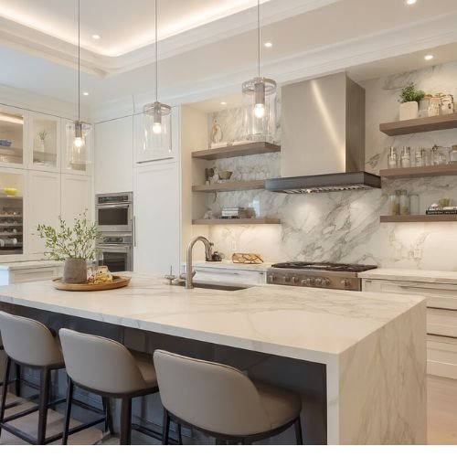 Contemporary Island Kitchen Design with Quartz Countertop, Open Shelves and Marble Backsplash