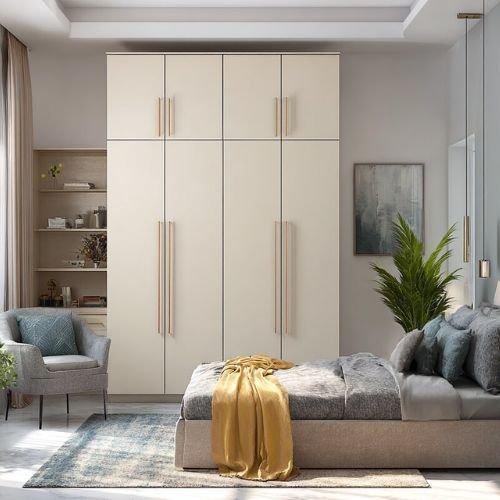 Off White Modern 4 Door Swing Wardrobe Design With Overhead Cabinets