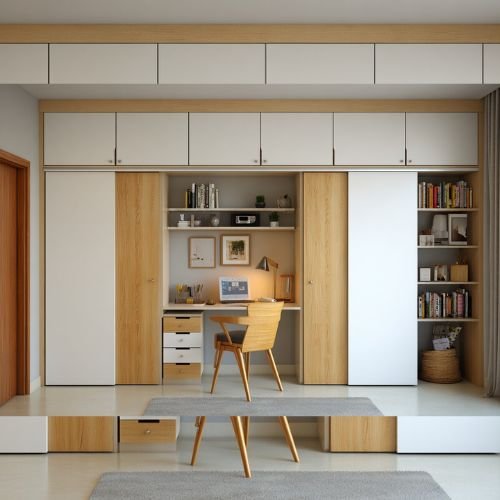 Contemporary Sliding Wardrobe Design With Study Table And Overhead Storage