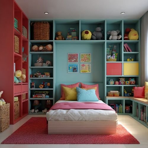 Eclectic Kids Room Design For Girls With Teal And Red Storage Units