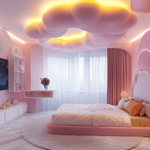 Art Deco Pink And White Kids Room Design For Girls With Cloud POP Ceiling